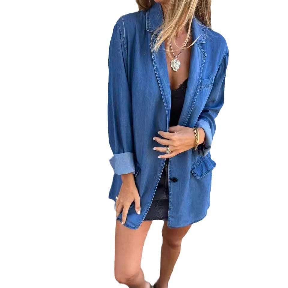 Lapel Shirt Jacket Ins Fashion Solid Color Long-sleeved Denim Top Autumn And Spring Casual Daily Streetwear Women's Clothing