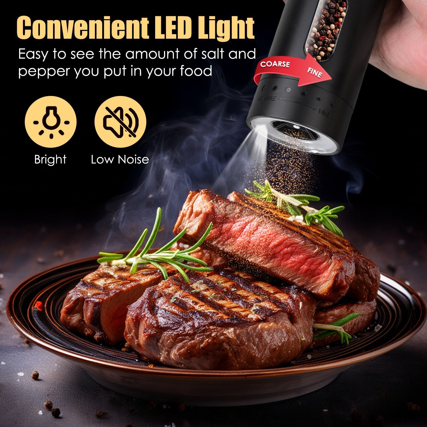 1Pc  Electric Pepper Grinder USB Rechargeable Pepper Mill Automatic Salt Grinder With 6 Adjustable Coarseness LED Light 110ML Container One Hand Operation For Kitchen Essential